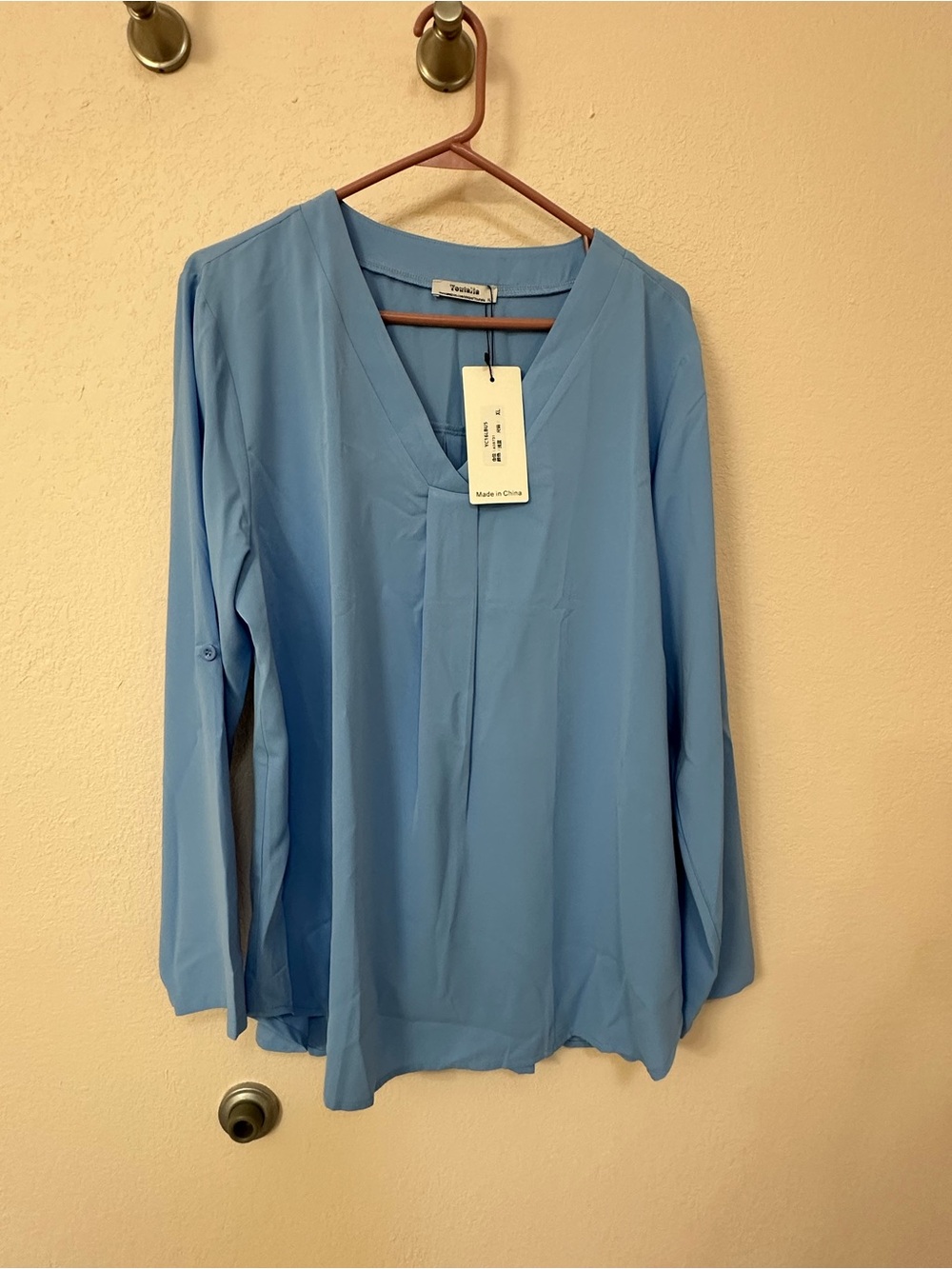 V-Neck Light Blue Long Sleeve Blouse